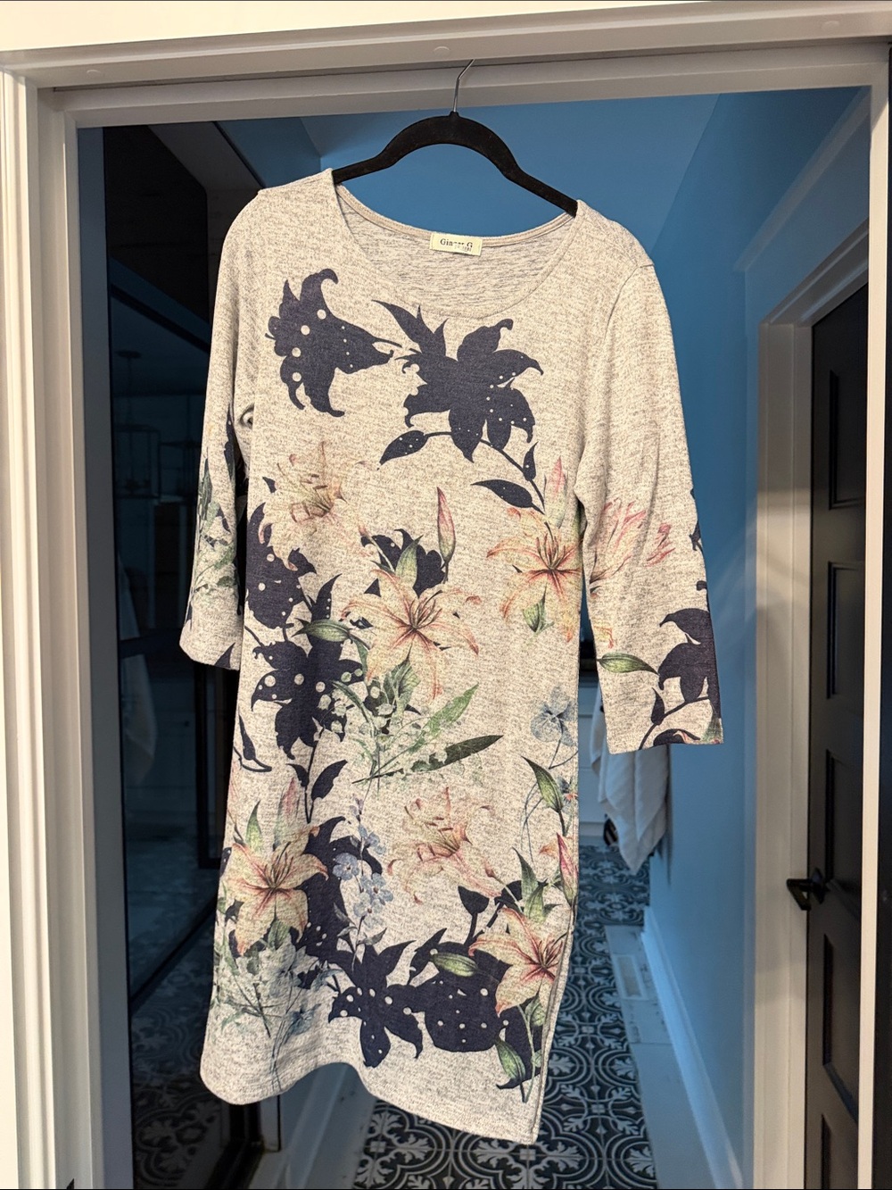 Floral Print Knit Sweater Dress - Beige with Navy & Pastel Flowers